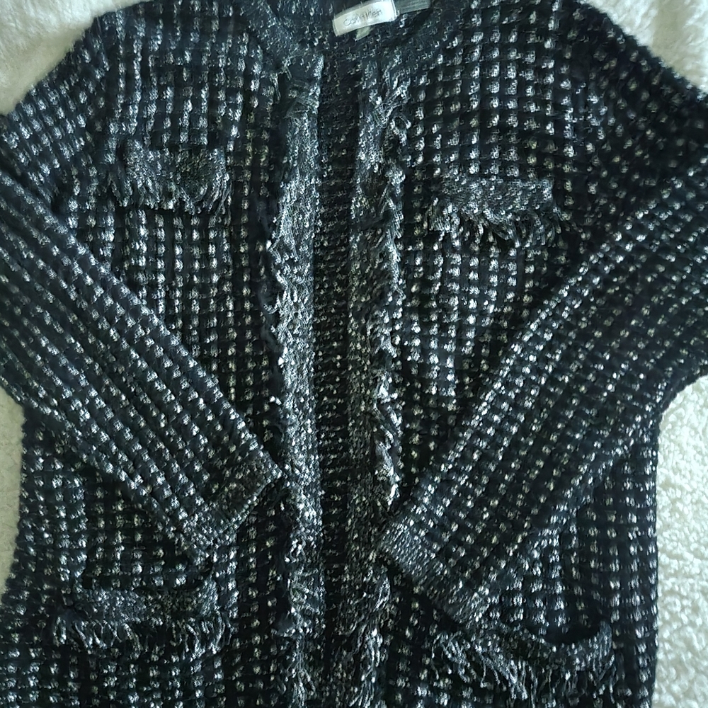 Calvin Klein Black and white pattern cardigan with fringe Small
